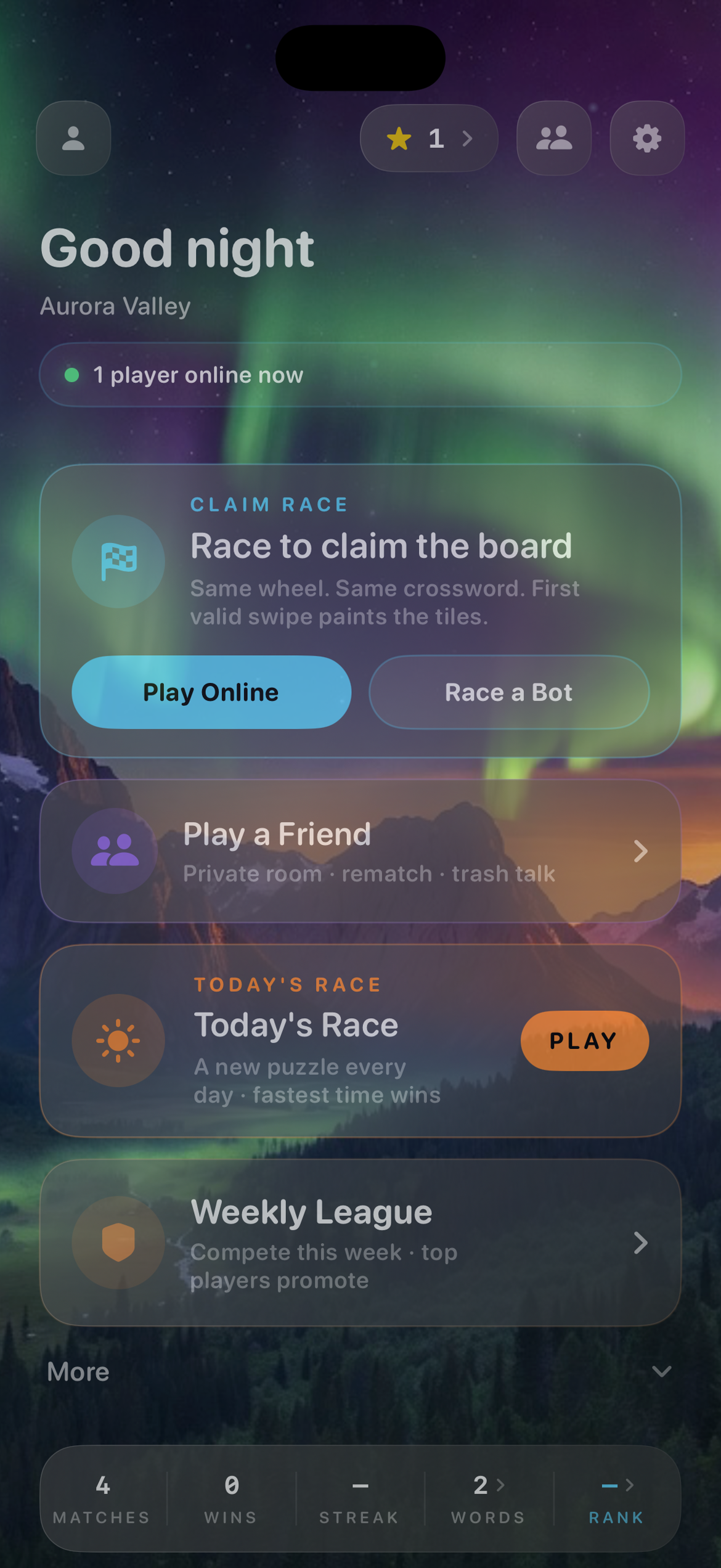 Word Rivals home: Race to claim the board, with Play Online and Race a Bot