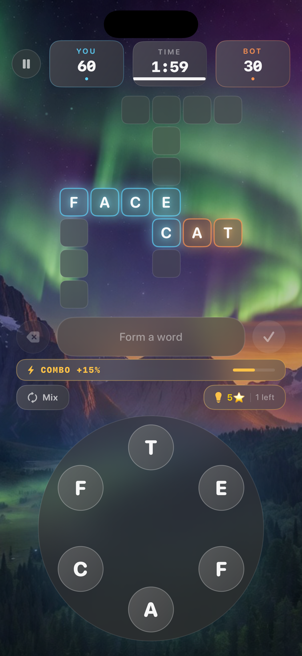 Mid-duel board with two claim colors on the crossword