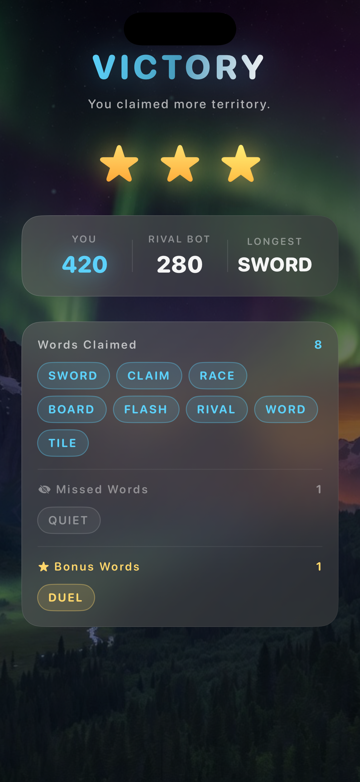 Win card after the claim-race, with Rematch and a new bot